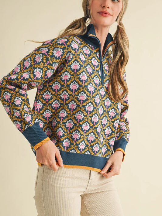 Floral Mock Neck Half Zip Pullover