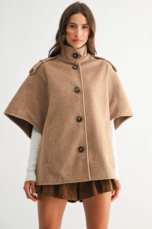 WOOL-BLEND BUTTONED CAPE JACKET