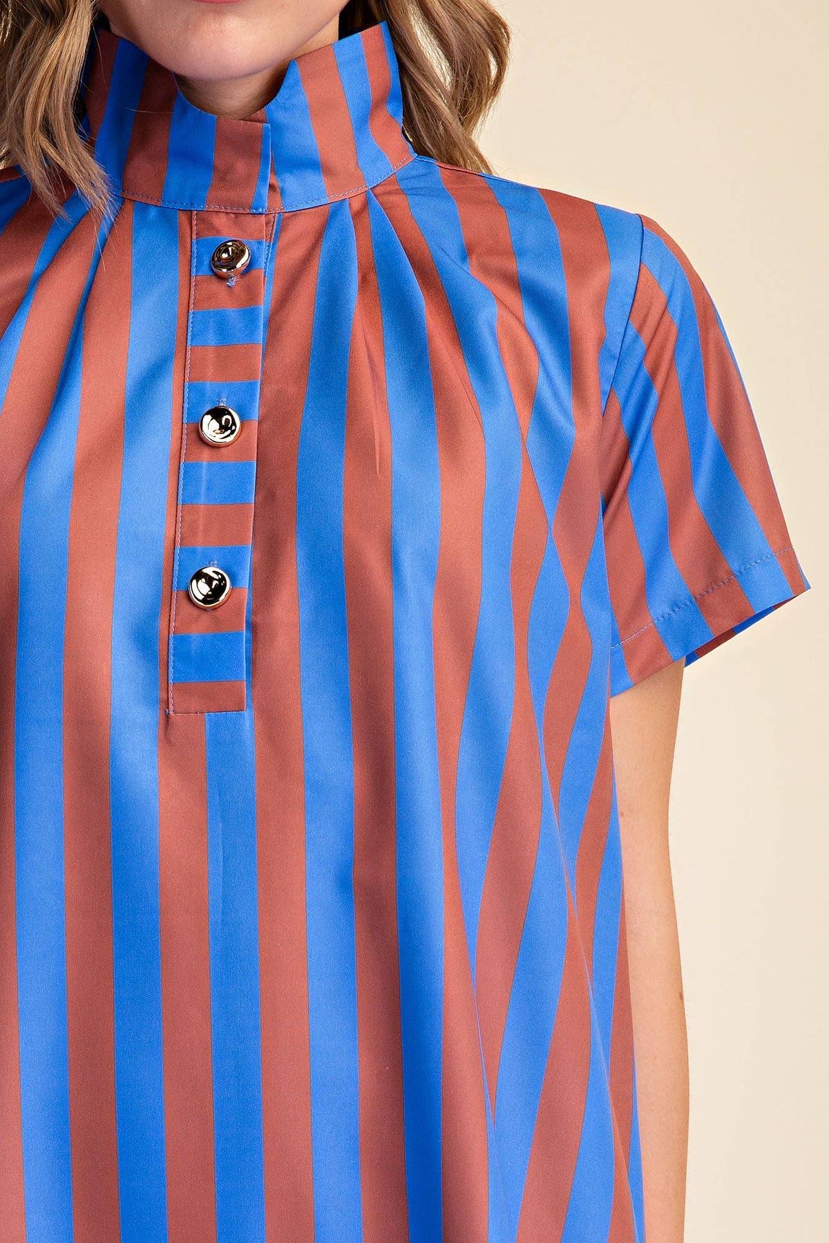 High Neck Royal/Chocolate Stripe Midi Dress
