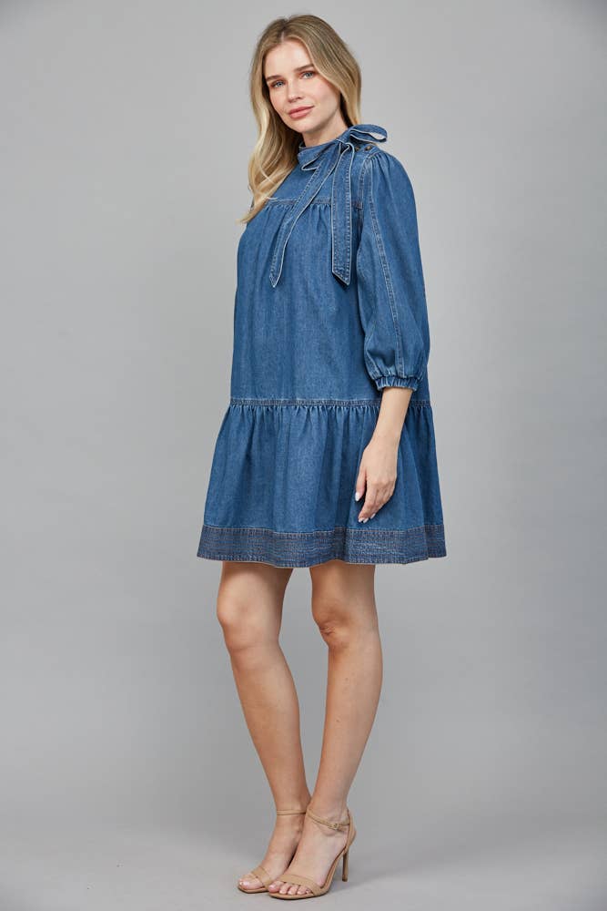 WASHED DENIM Dress with Removable Bow