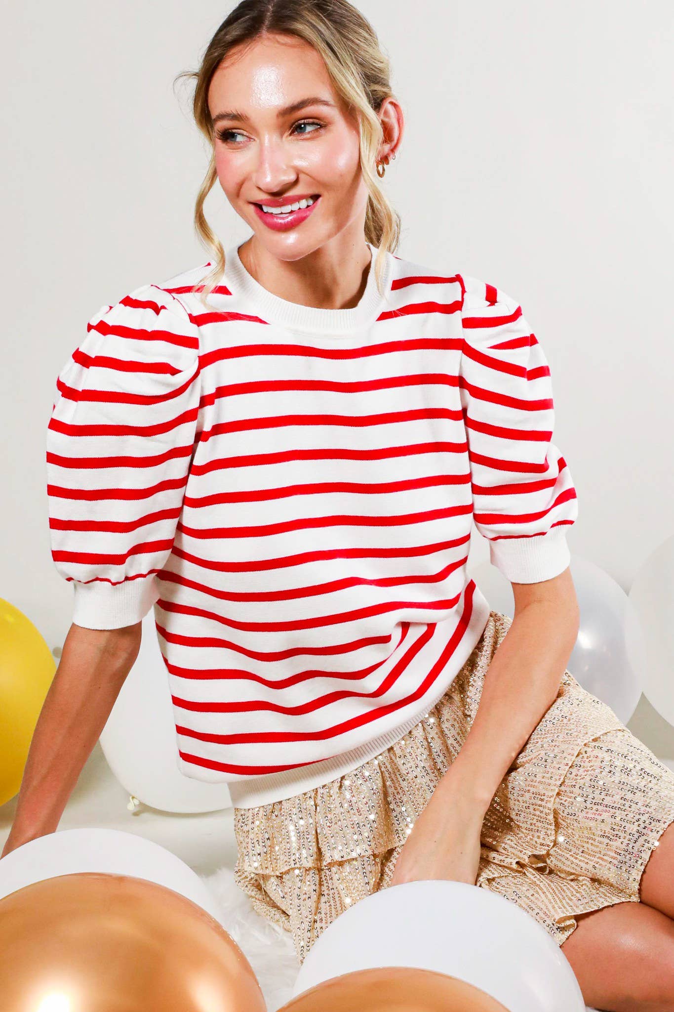 Striped Crew Neck Puff Sleeve Knitted Sweater Top