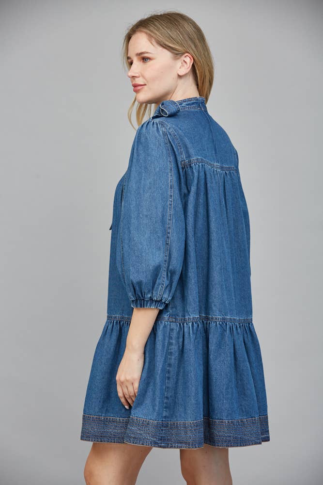 WASHED DENIM Dress with Removable Bow