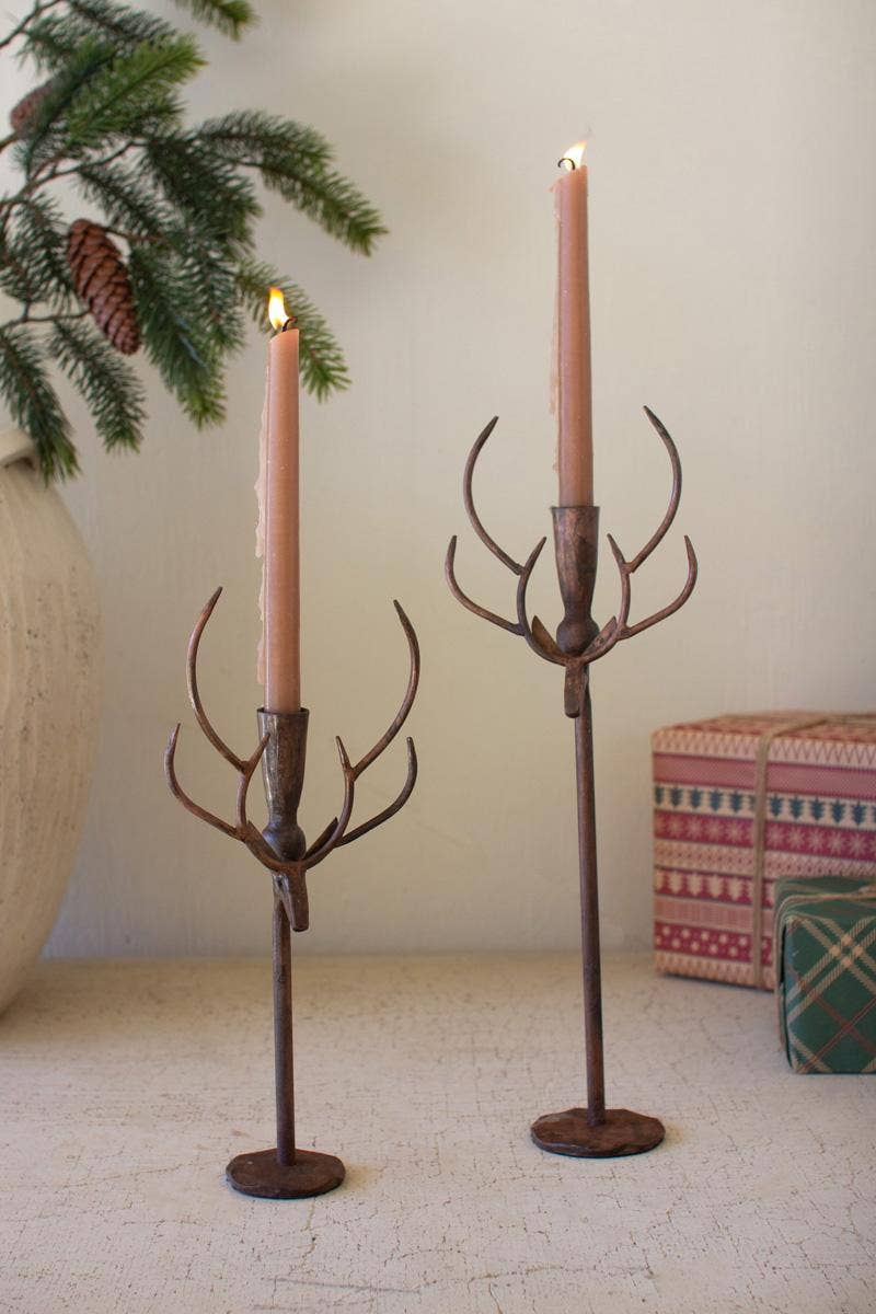FORGED RUSTIC BRASS DEER CANDLE HOLDERS
