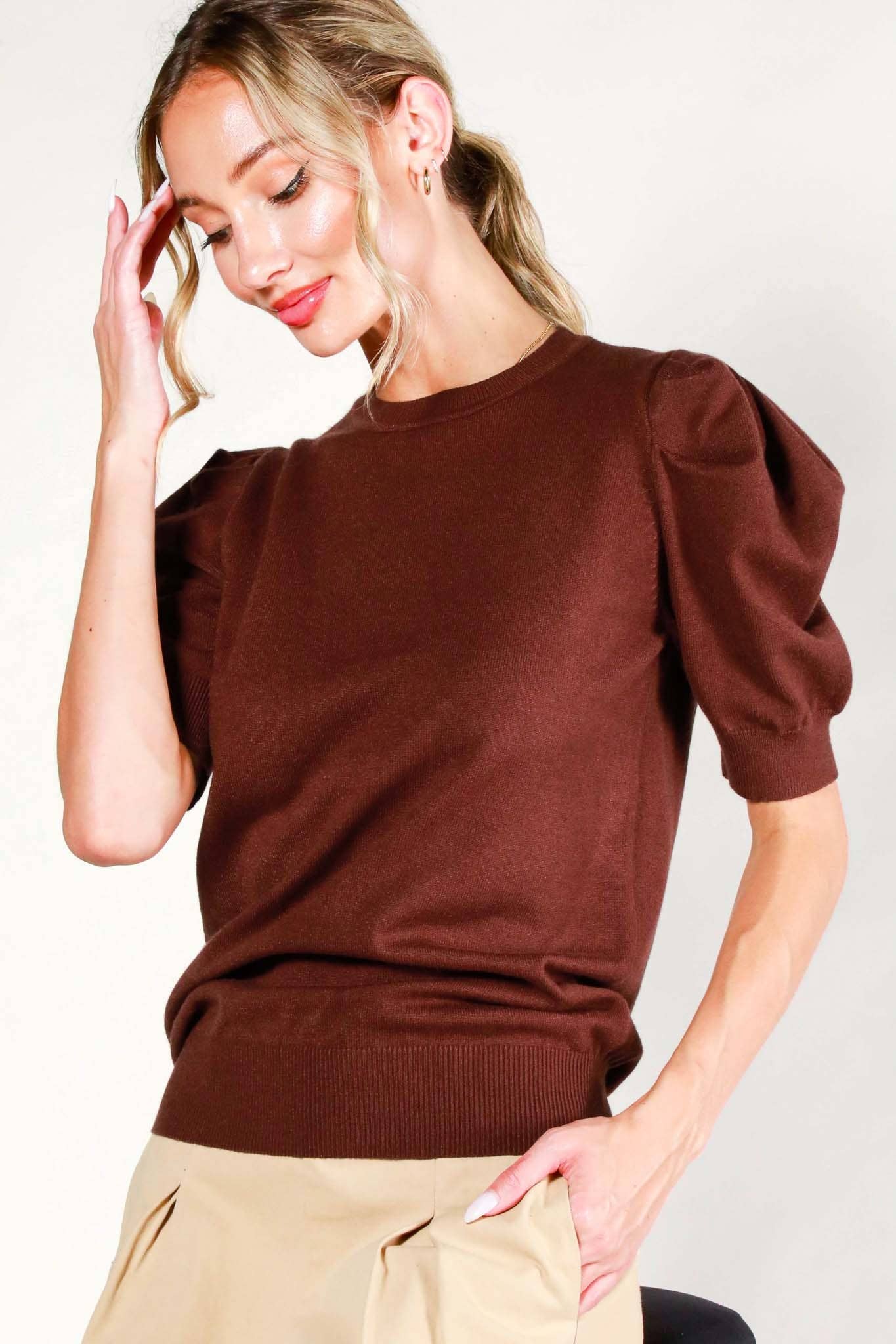 Chocolate Puff Sleeve Knitted Sweater