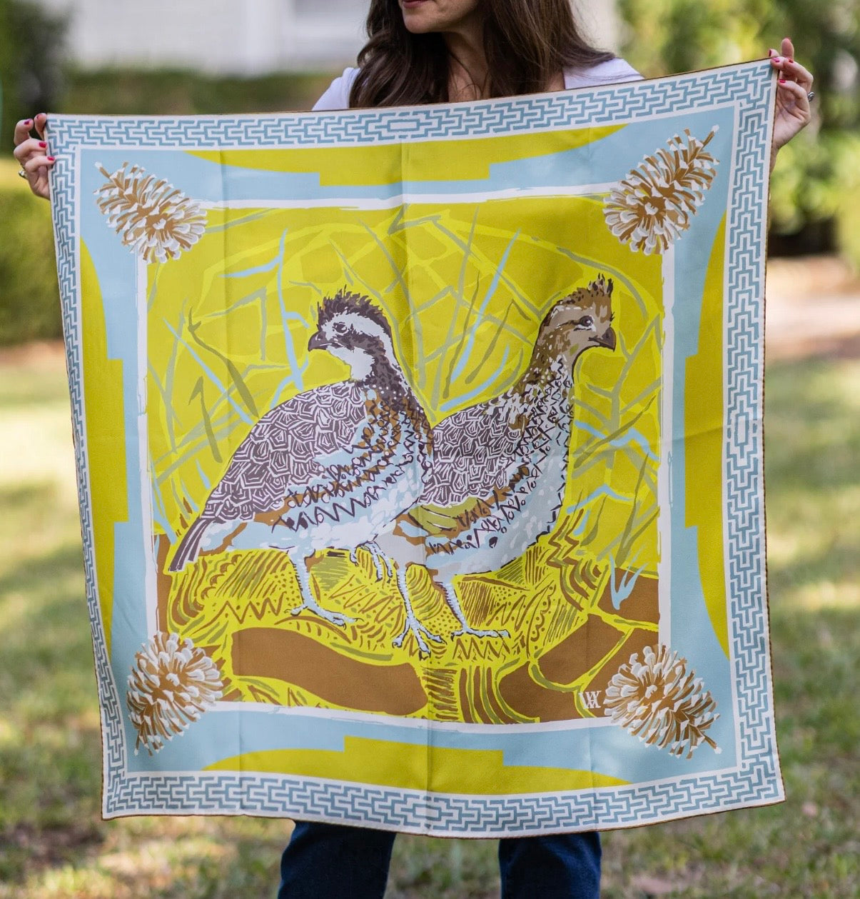 Austin Williams 
Chartreuse Quail Pair - Double-Sided Silk Scarf 35x35