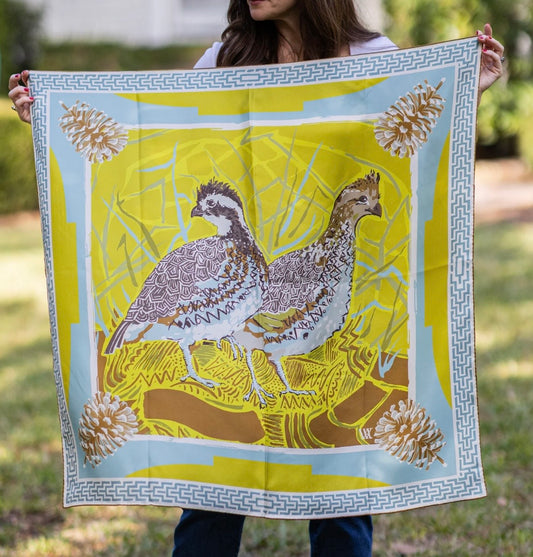 Austin Williams 
Chartreuse Quail Pair - Double-Sided Silk Scarf 35x35
