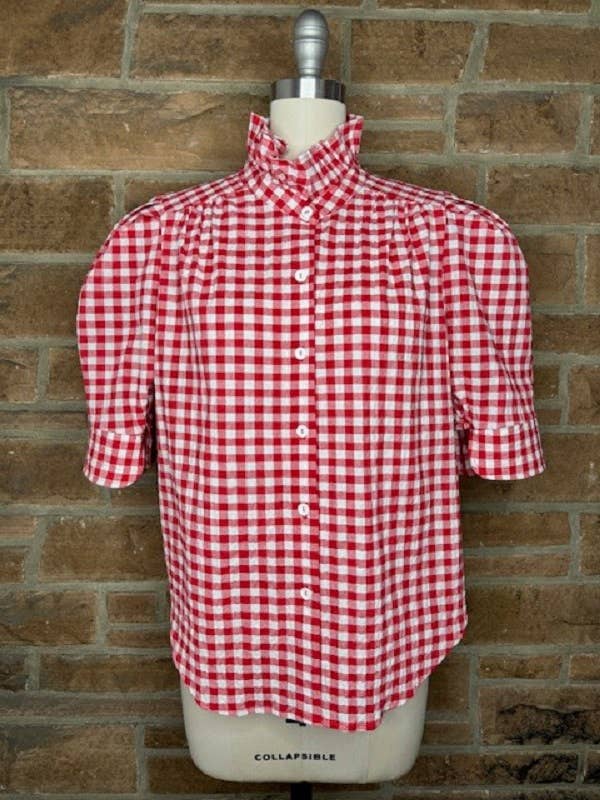 Ruffle Collar Puff Sleeve Blouse - 2 colors- Red Gingham and Blue Stripe