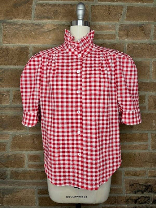 Ruffle Collar Puff Sleeve Blouse - 2 colors- Red Gingham and Blue Stripe