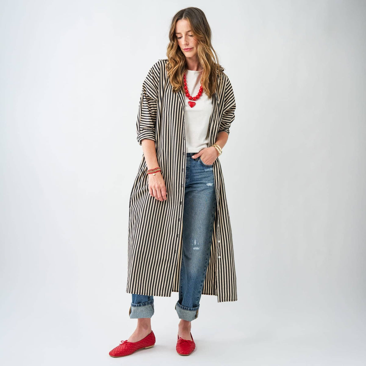 Black + Cream Stripe Shirt Dress