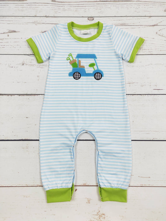 Golf Cart Appliqué Stripe Long Pant Romper