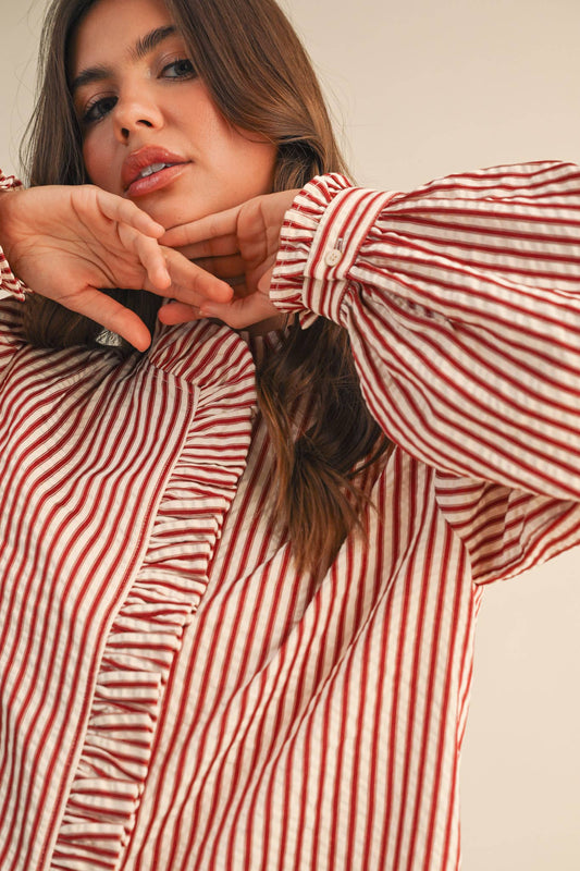 STRIPED RUFFLED BUTTON DOWN LONG SLEEVE TOP