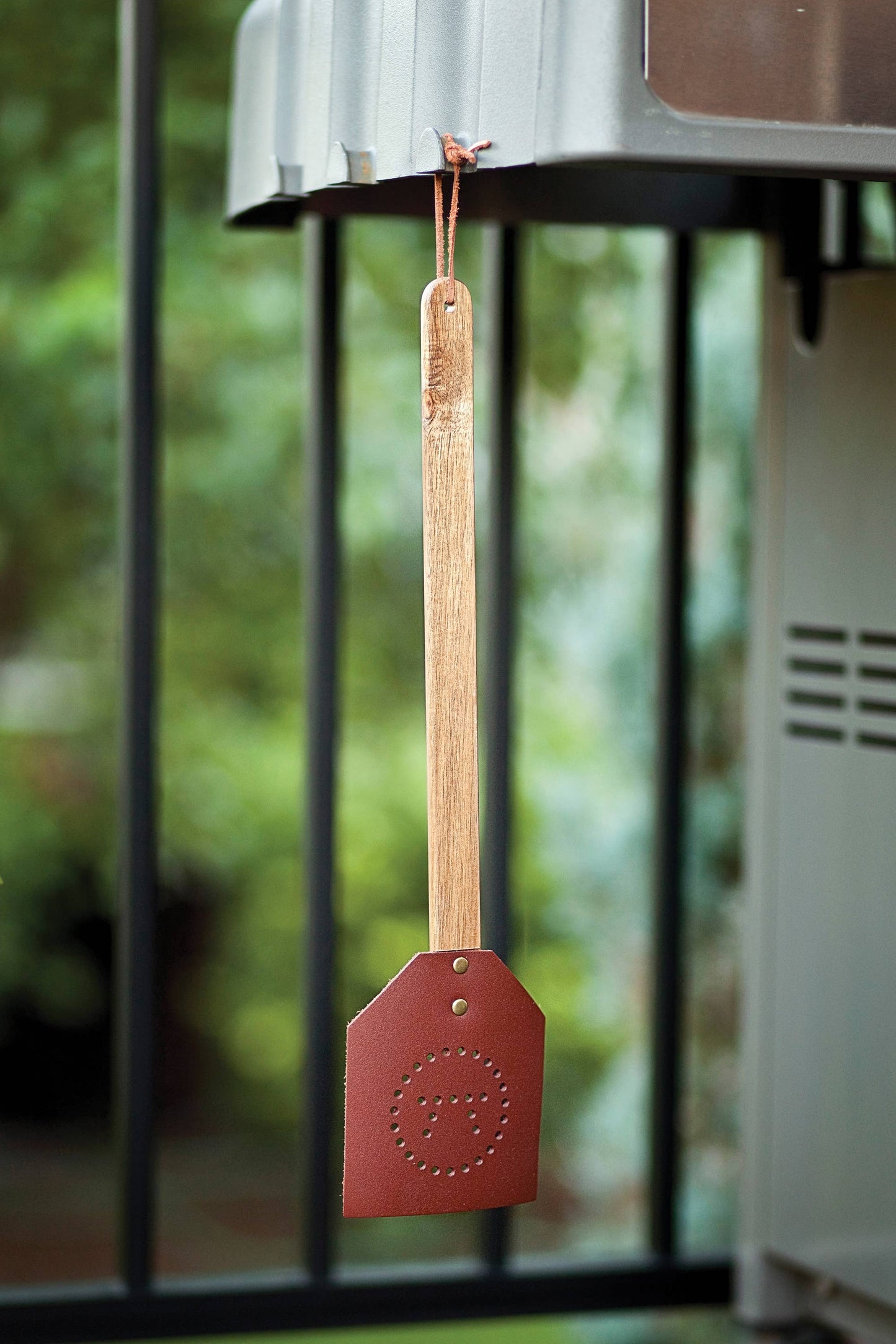 Outset Acacia and Leather Fly Swatter, 17.5" x 4.25"