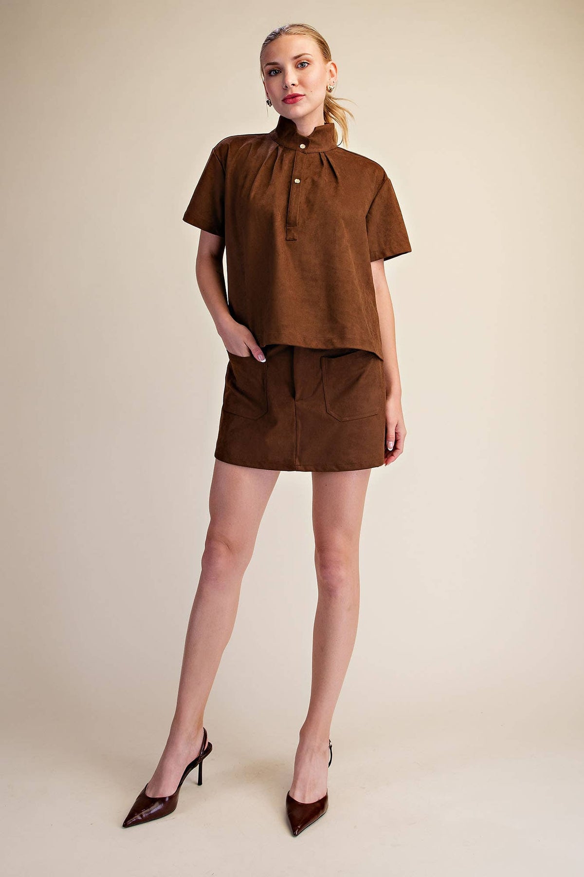 High Collar Short Sleeve Faux Suede Shirt ~ 2 colors