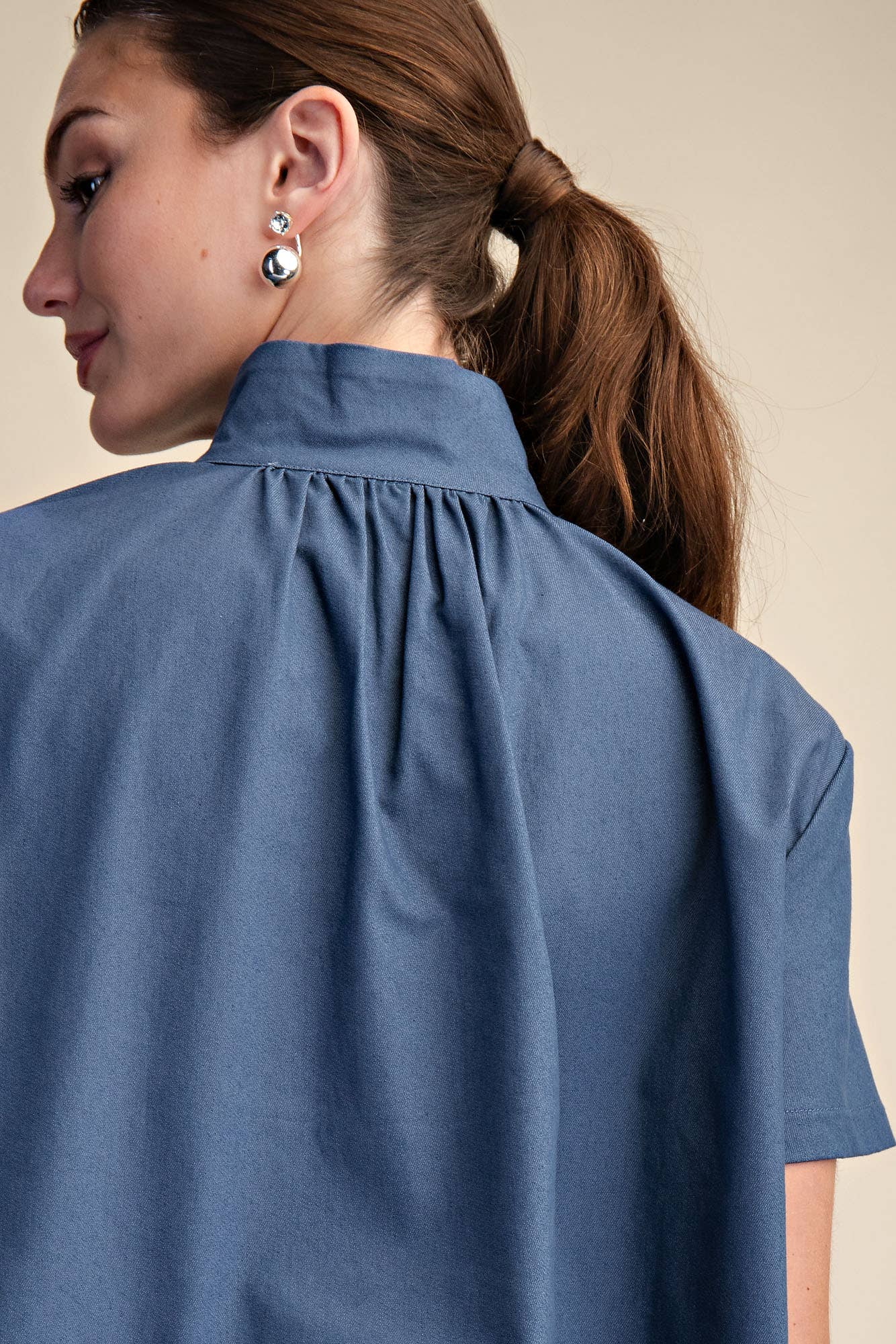 Indigo Stand Collar Short Sleeve Stitch Detail Shirt