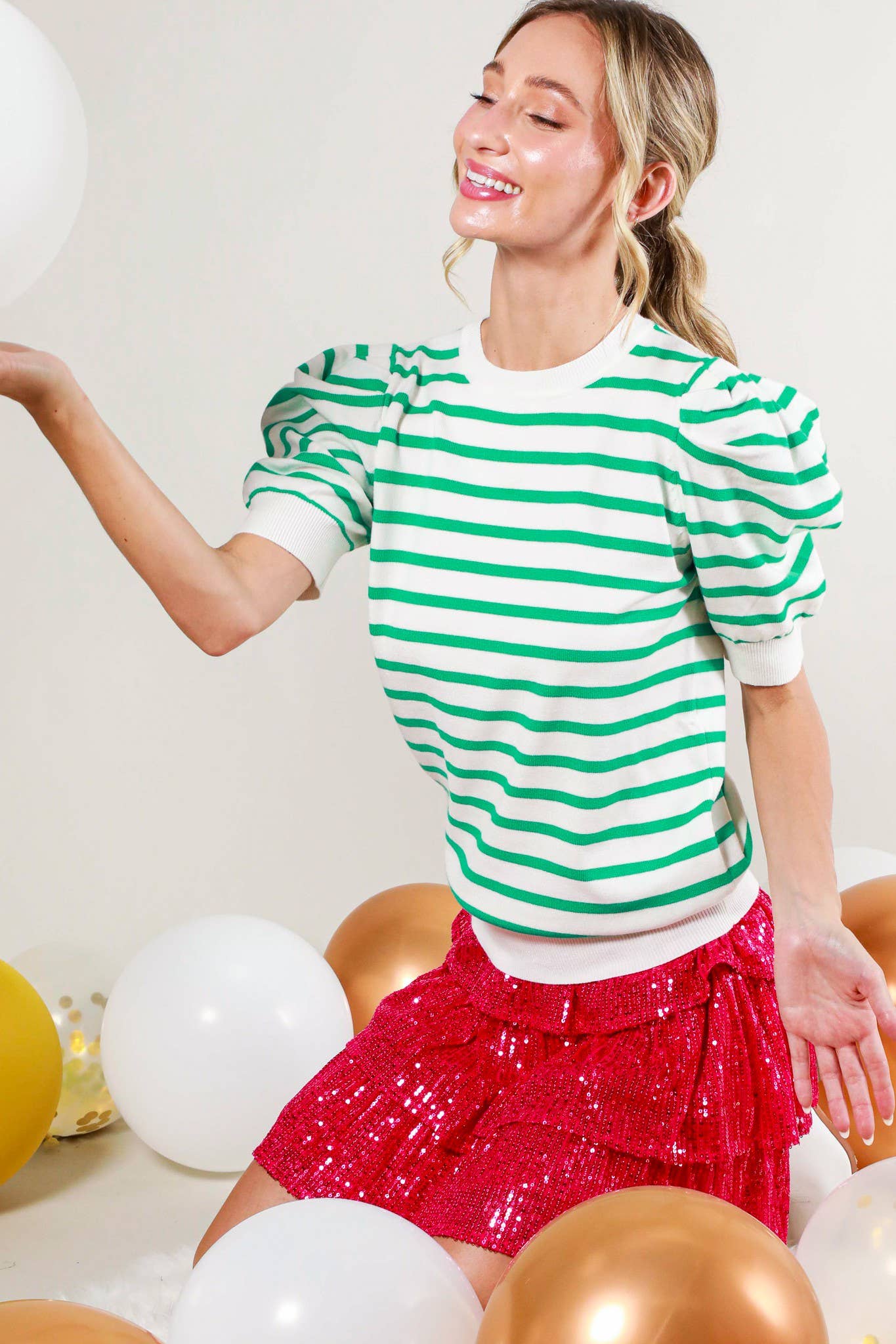 Striped Crew Neck Puff Sleeve Knitted Sweater Top