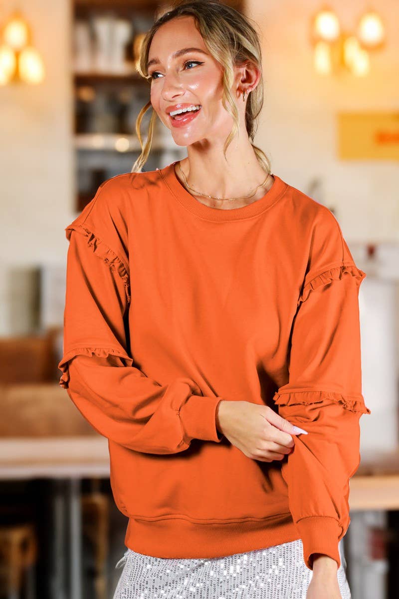 Crew Neck Ruffle Detail French Terry Sweatshirt