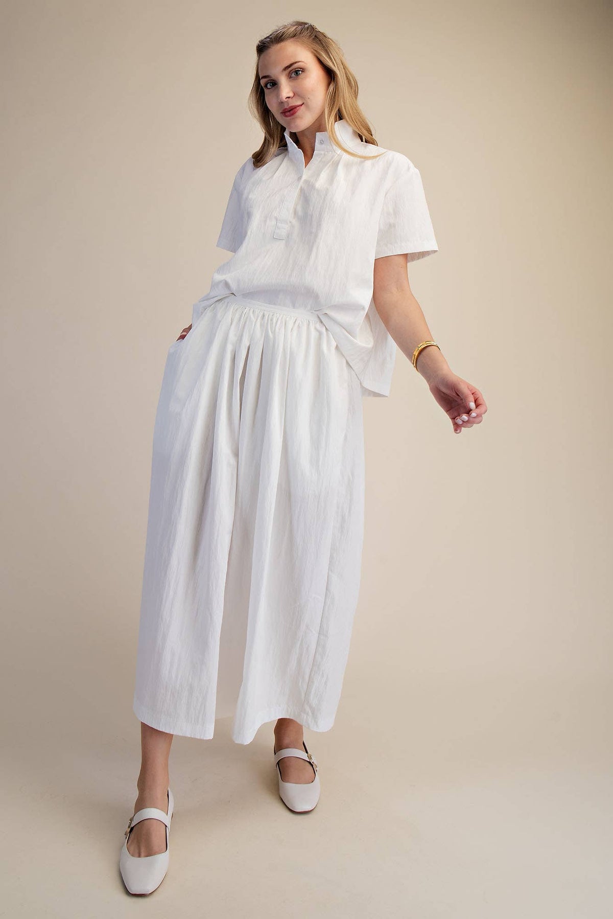 White Stand Collar Short Sleeves Shirt