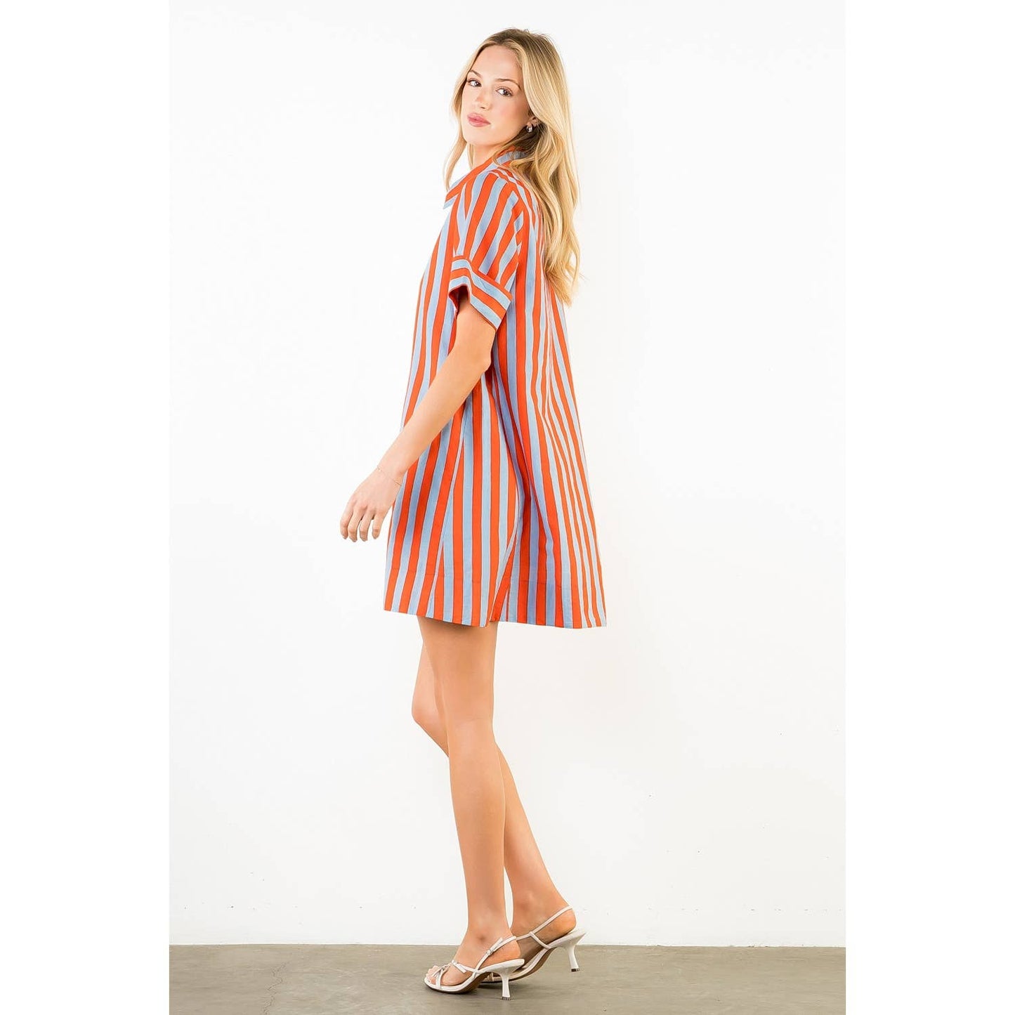 Short Sleeve Striped Button Up Dress