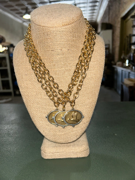 Brushed Gold/Mixed Metal Flying Duck Pensant in Gold link chain