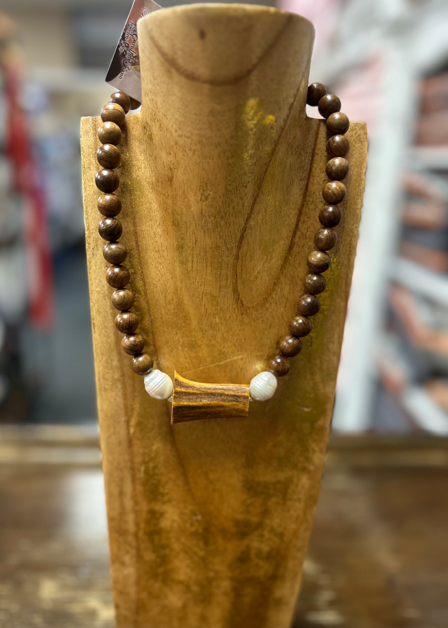 MCS Vintage Wood Rosary Beads +Pearls+ Deer Antler