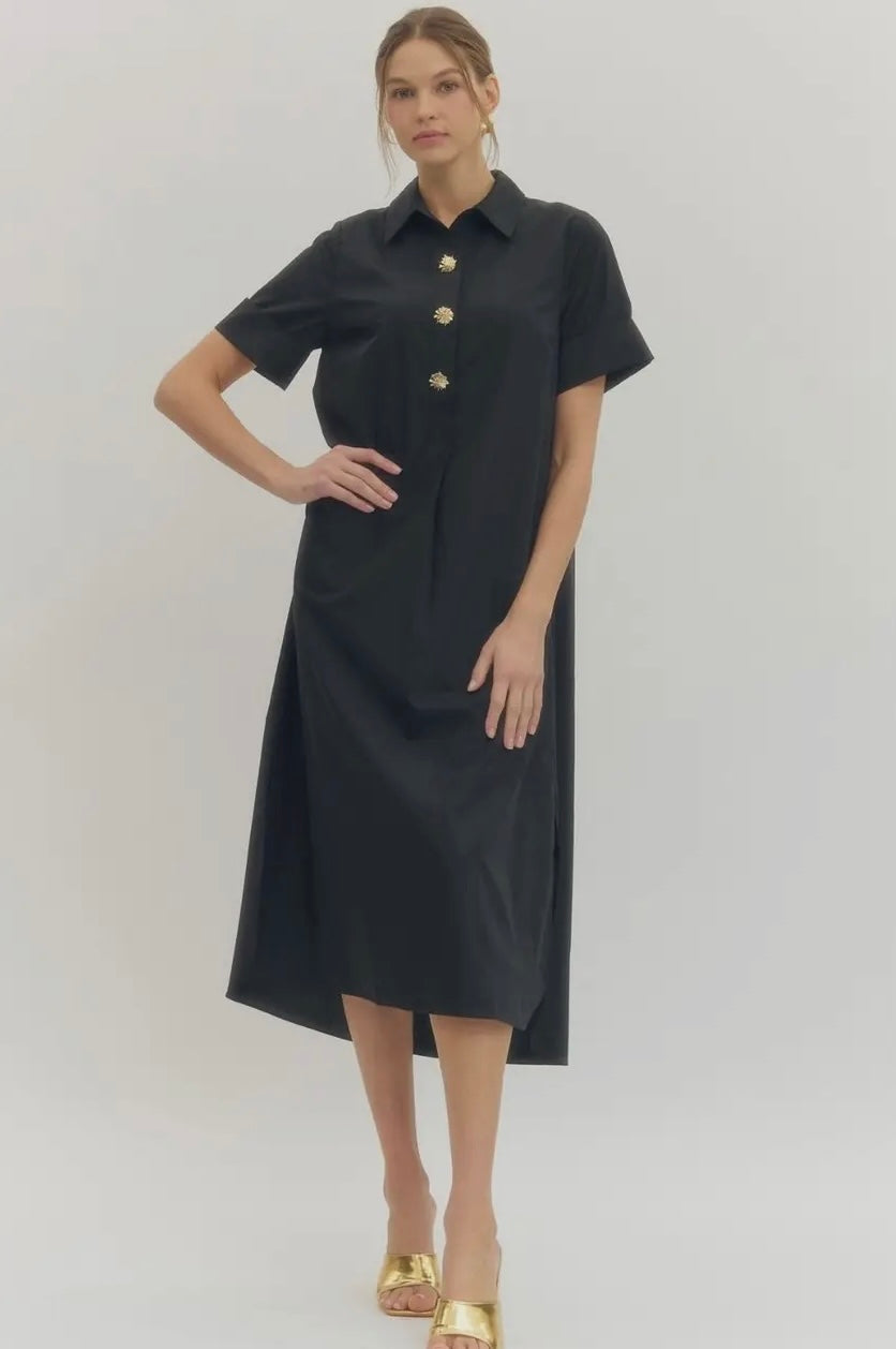 Black Short Sleeve Midi Dress