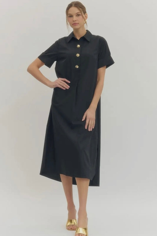 Black Short Sleeve Midi Dress