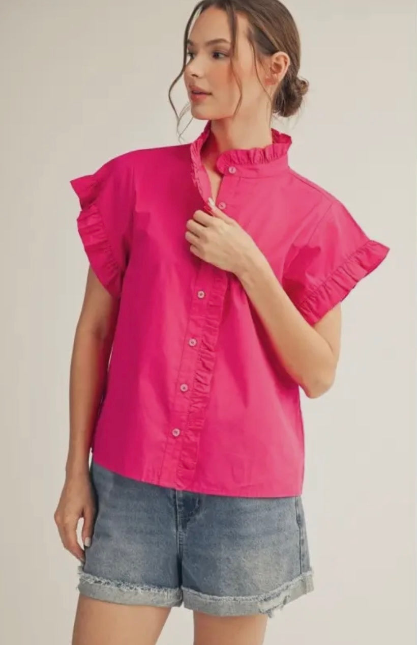 Pink Woven Ruffle Neck Blouse