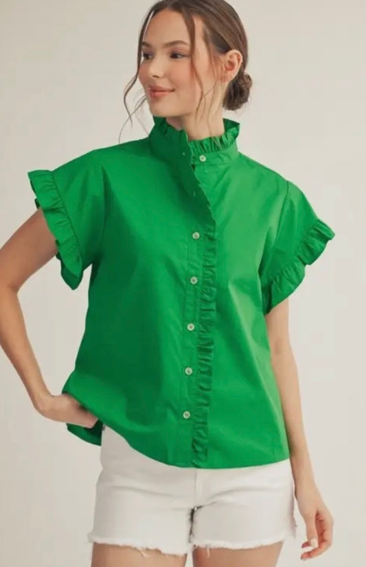 Kelly Green Woven Ruffle Neck Blouse