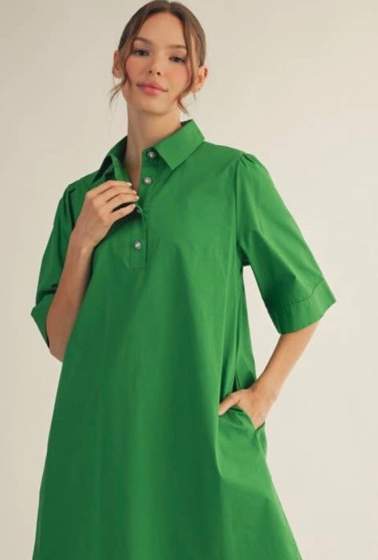 Solid Green Collar Shift Dress