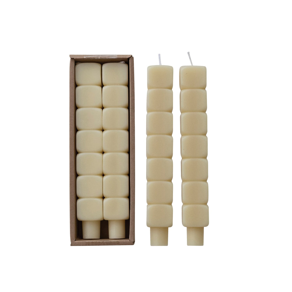 Unscented Stacked Blocks Shaped Taper Candles in Box, Cream Color, Set of 2