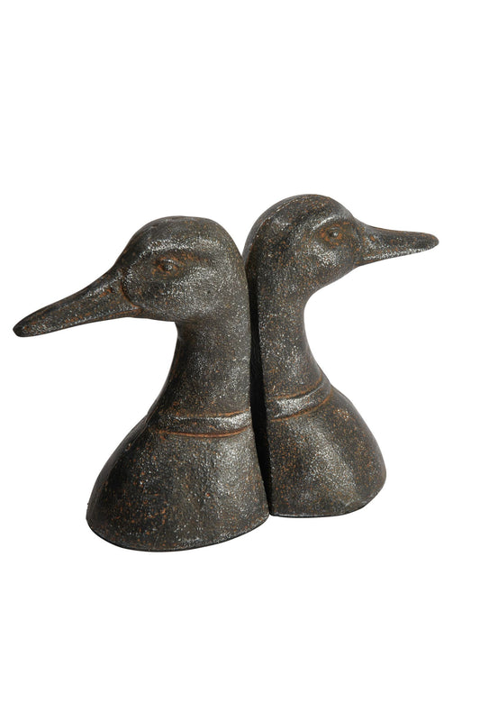 Distressed Cast Metal Duck Head Bookends, Black