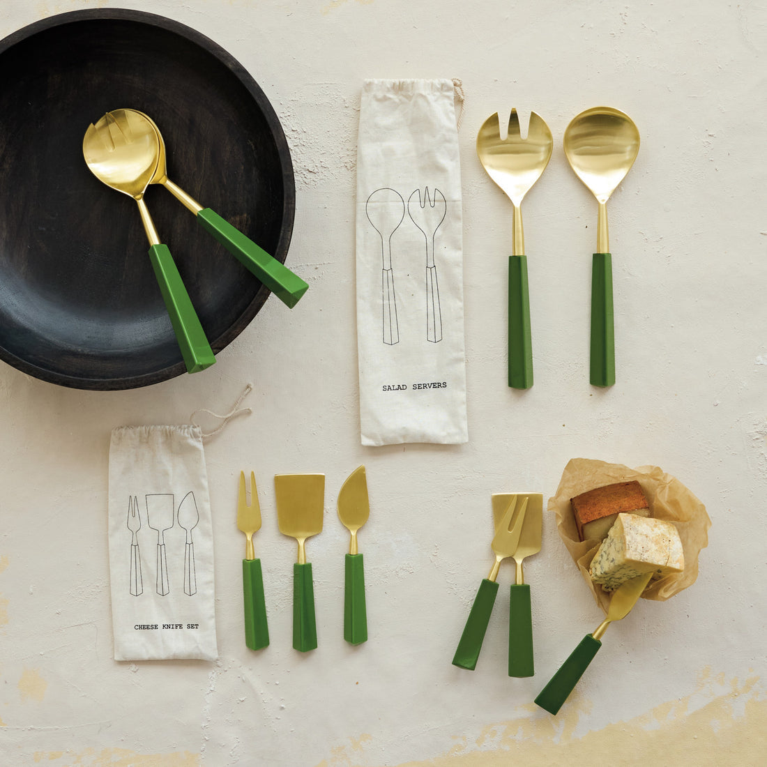 Stainless Steel Cheese Knives with Green Resin Handles