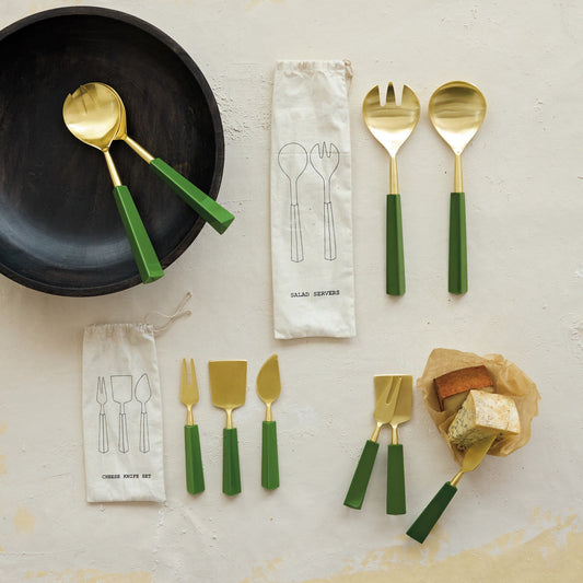 Stainless Steel Cheese Knives with Green Resin Handles