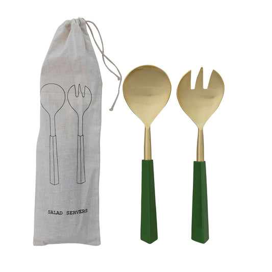 Stainless Steel Salad Servers with Resin Handles & Green, Set of 2