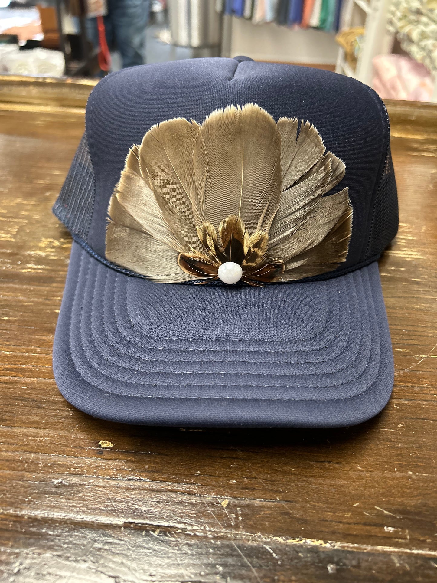 FTHR Navy Hat ~Feather + Pearl