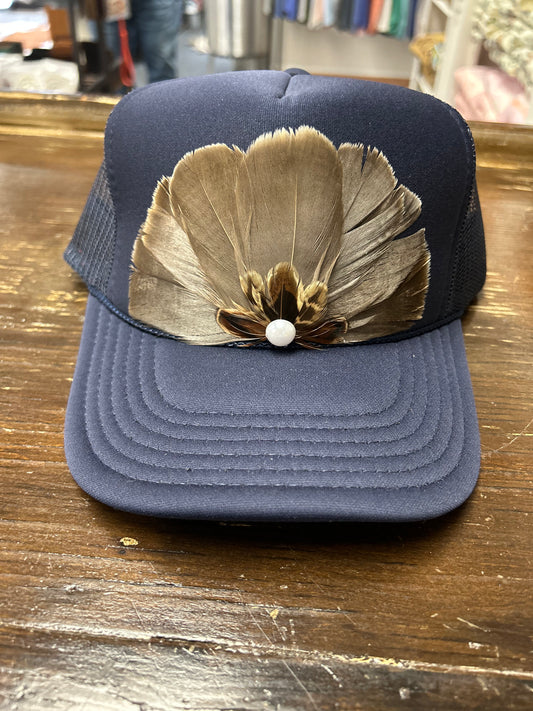 FTHR Navy Hat ~Feather + Pearl