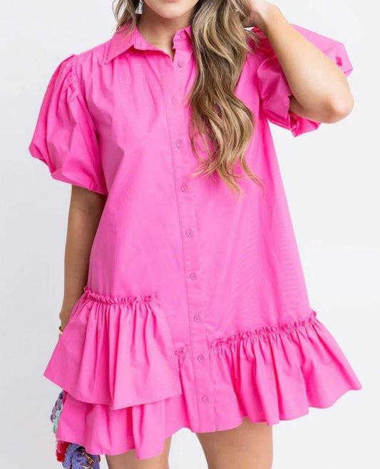 Karlie Pink puff sleeve button dress