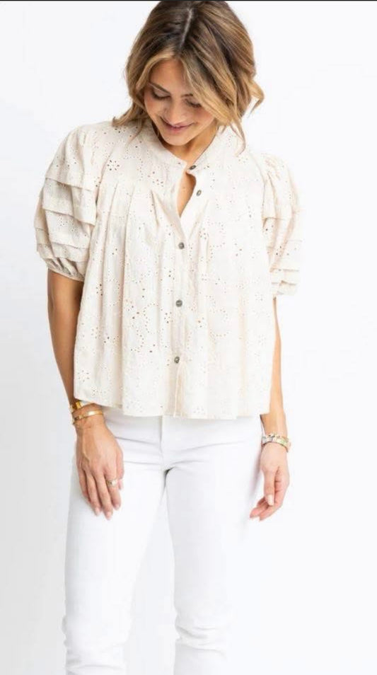 Karlie Eyelet button puff sleeve top