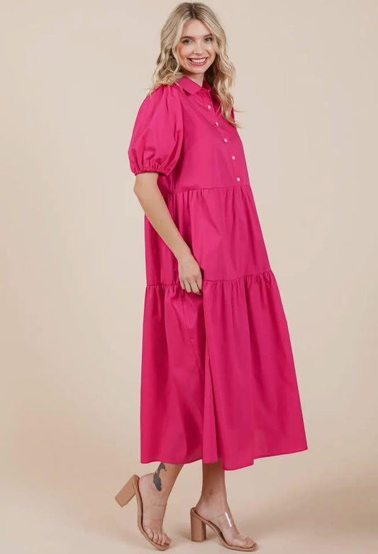 GeeGee Hot Pink Tiered Midi Dress