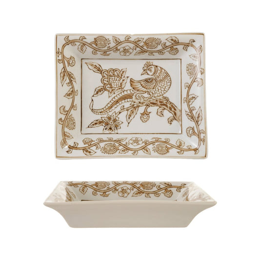 Decorative Stoneware Dish W Bird & Botanicals Tan Color & White