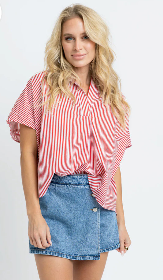 Karlie Red Stripe V Neck Top