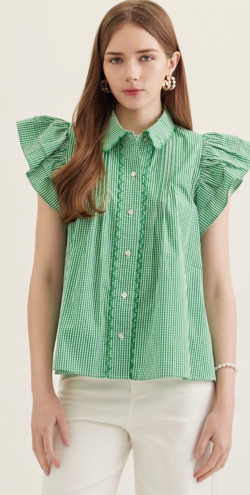 Entro Gingham Ruffle Cap Sleeve Top