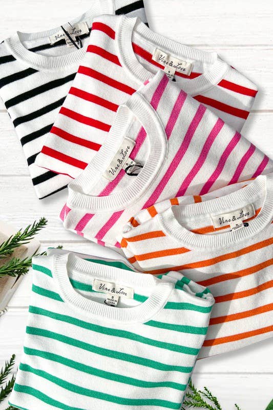 Striped Crew Neck Puff Sleeve Knitted Sweater Top
