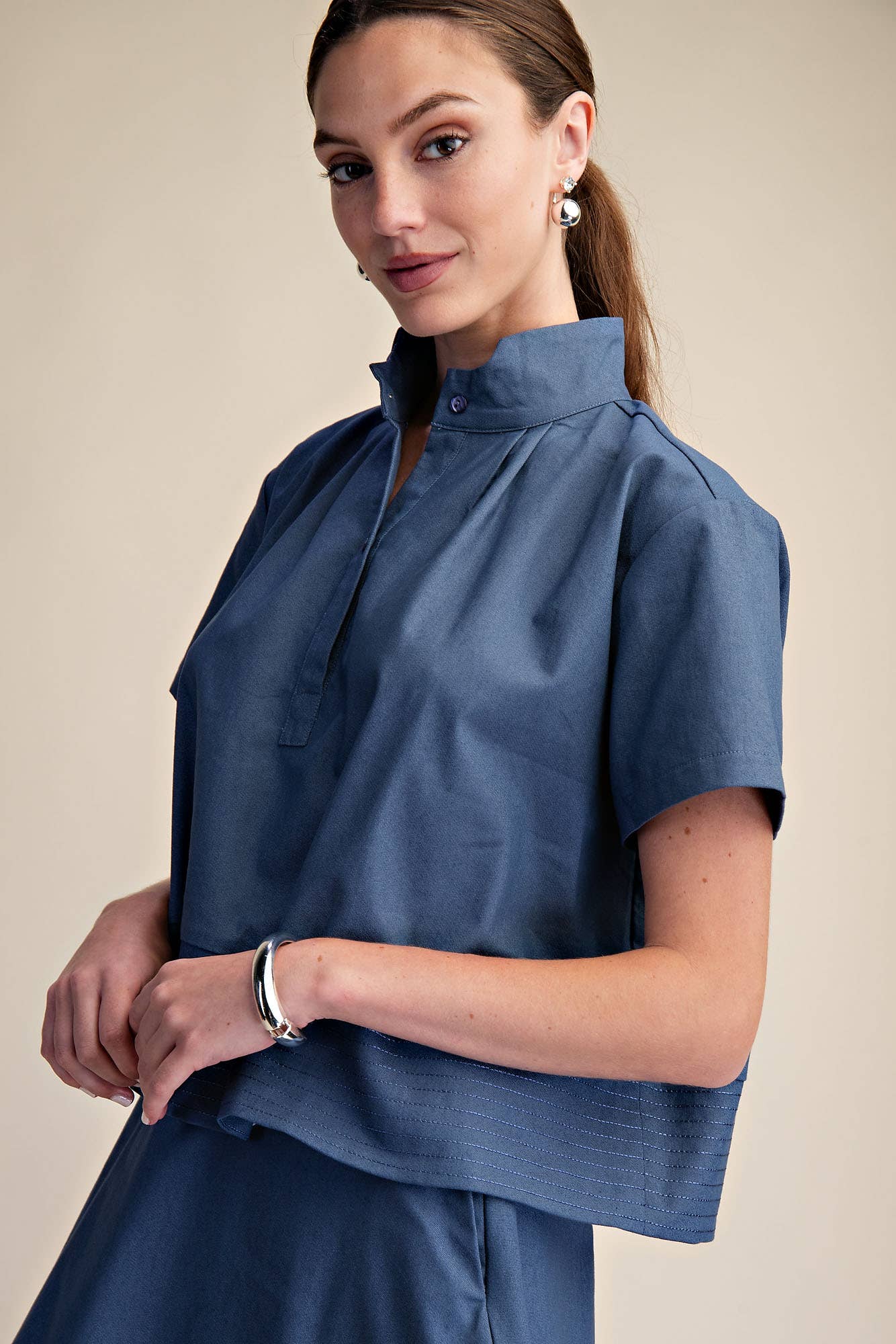 Indigo Stand Collar Short Sleeve Stitch Detail Shirt