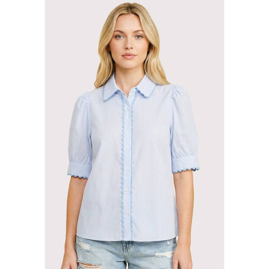 Blue STRIPE Blouse with RIC RAC Trim Collar