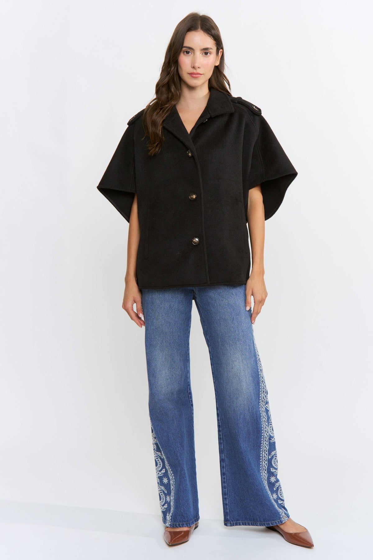BLACK WOOL-BLEND BUTTONED CAPE JACKET