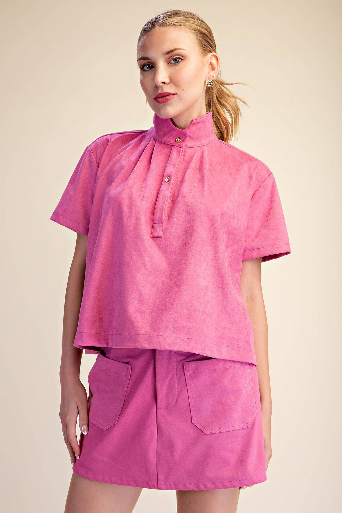 High Collar Short Sleeve Faux Suede Shirt ~ 2 colors