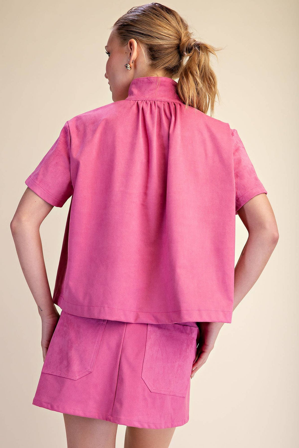 High Collar Short Sleeve Faux Suede Shirt ~ 2 colors