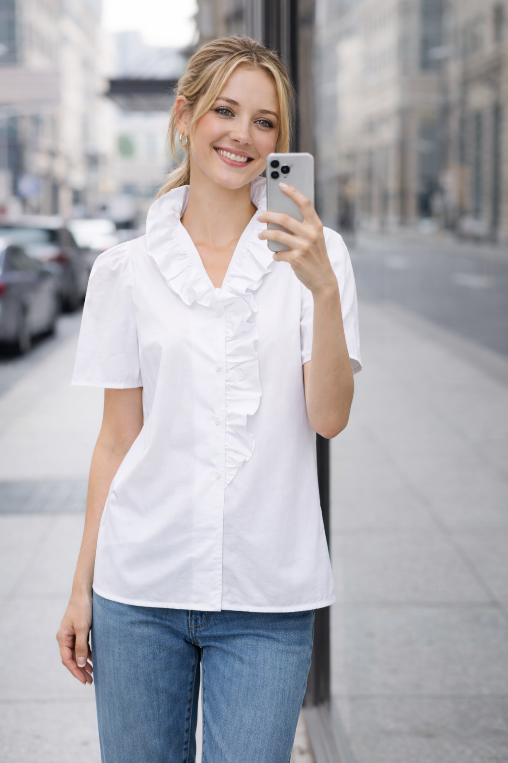 Classic Ruffle Collar Short Sleeve Blouse - 2 colors