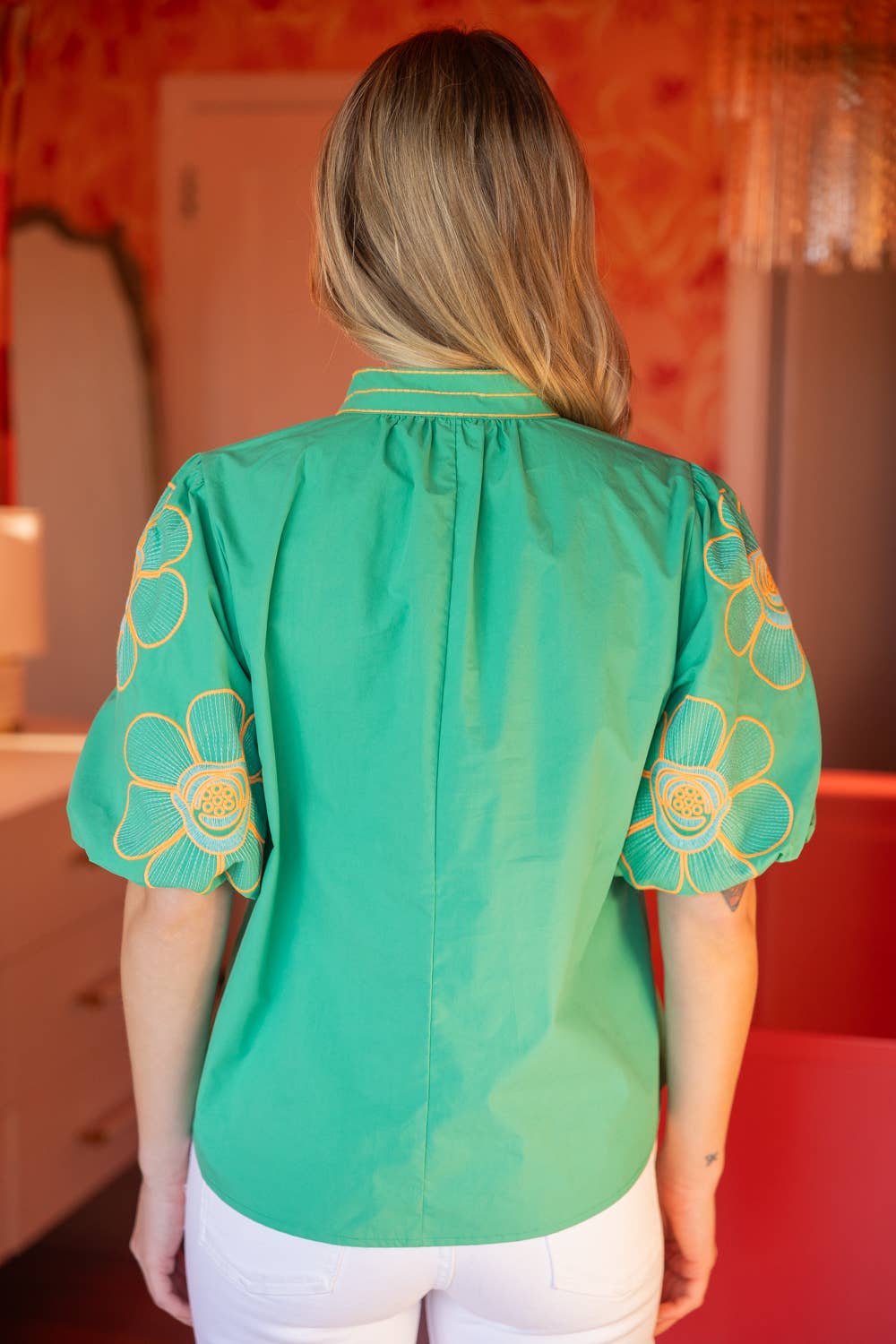 Floral Embroidered Bubble Sleeve Top